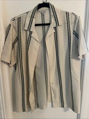 Autograph Cream Short-Sleeve Stripe Shirt Jacket with Gray Stripes